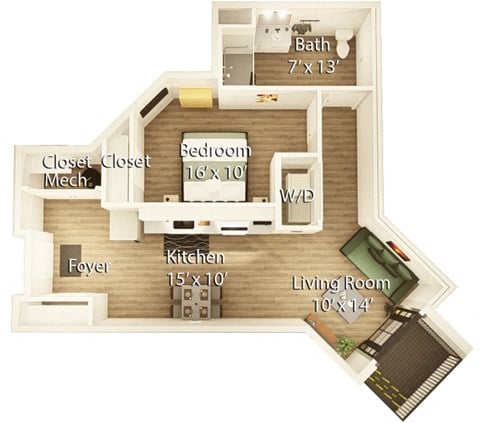 Floor plan for 1 bed, 1 bath, 791 sqft